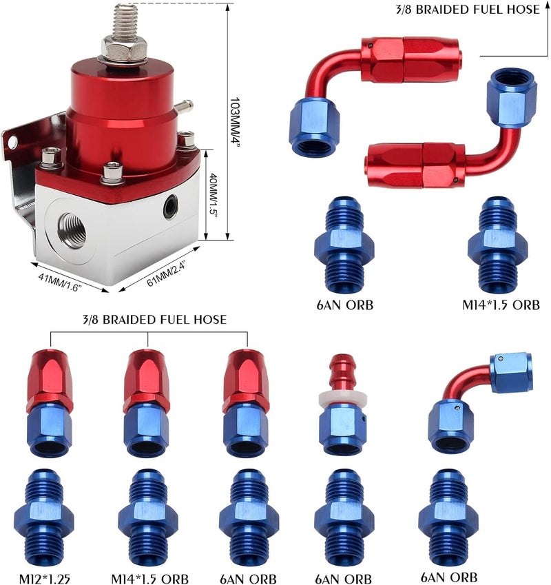 YESHMA EFI Fuel Pressure Regulator Kit 0-100psi with Gauge 6AN Fuel Line Fitting Universal Adjustable Aluminum (Blue+Red) - Image 5